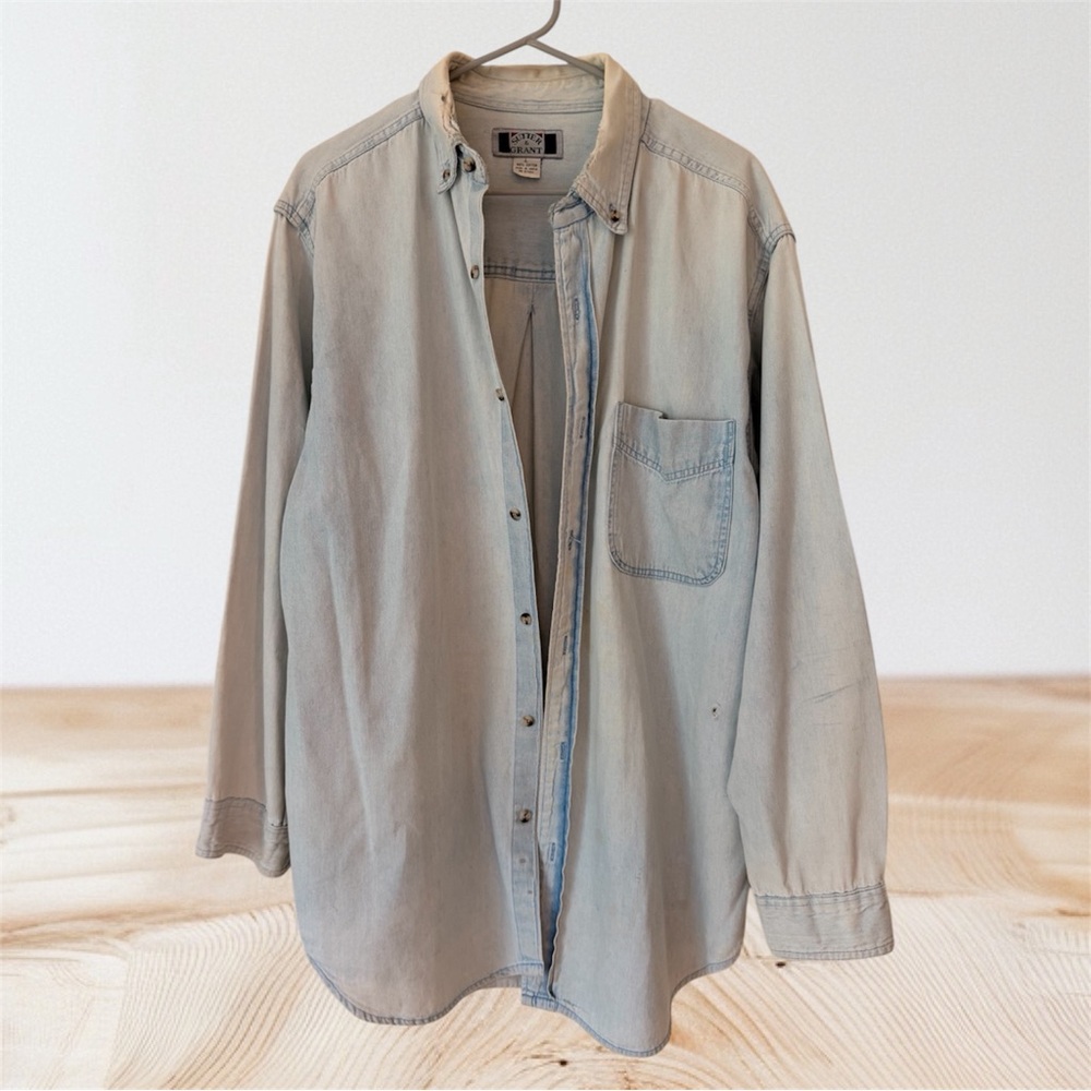 Light Blue Chambray Button Down – Distressed/ Worn-In/ Vintage Vibes Shirt, Sz L
